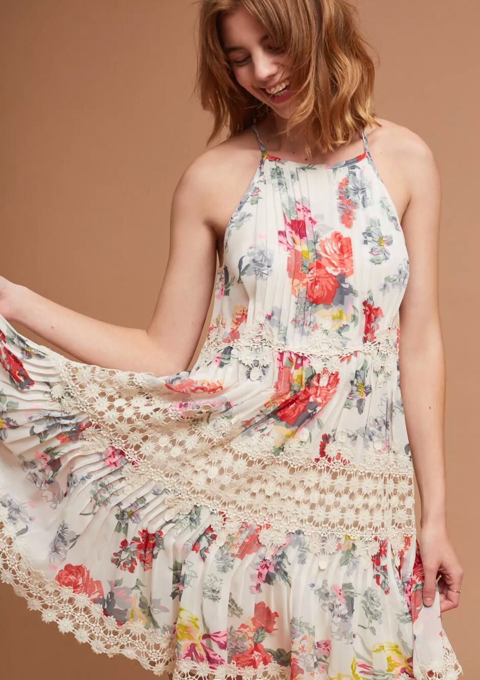 Anthropologie Ranna Gill Kalila Floral Crochet Pleated Halter Swing Dress Small